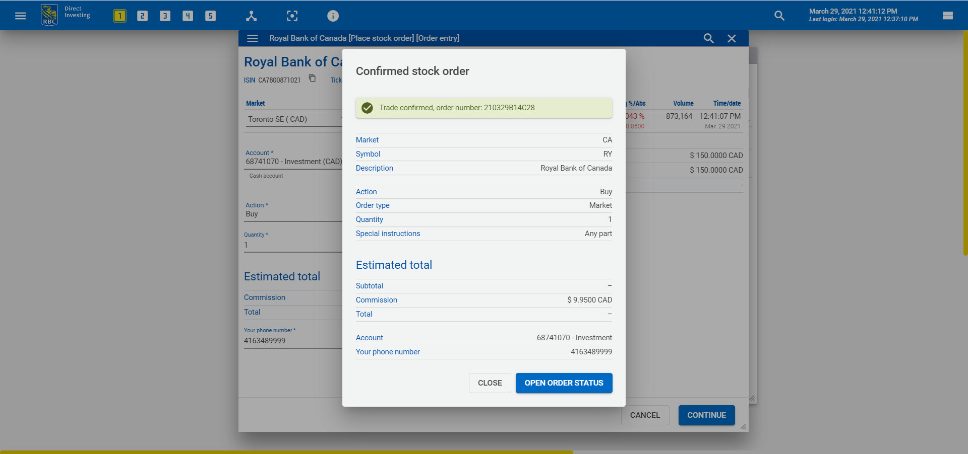 Trade confirmation message. 